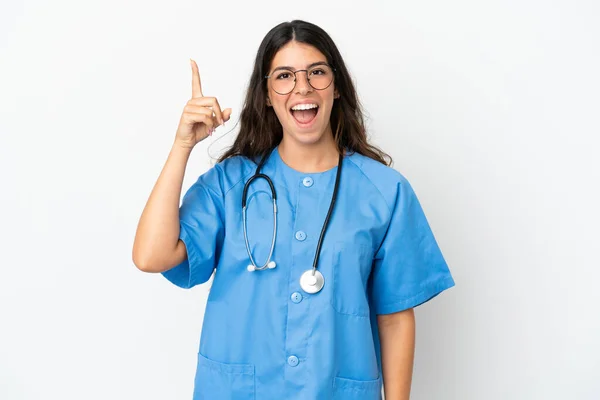 Young Surgeon Doctor Caucasian Woman Isolated White Background Intending Realizes — Stock Photo, Image