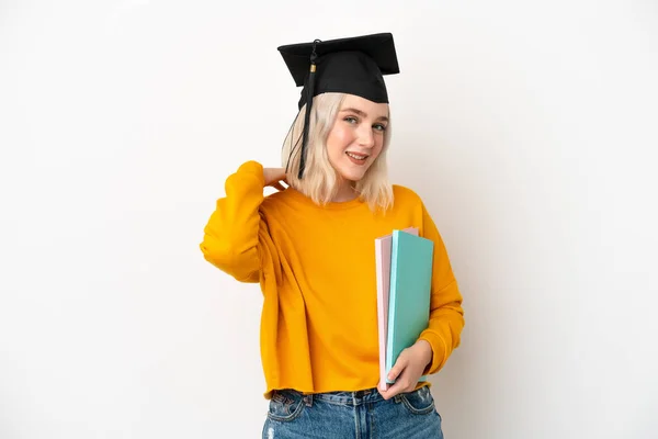 Young University Caucasian Woman Graduate Isolated White Background Laughing — Stockfoto