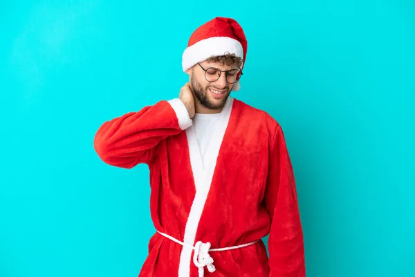 Young Man Disguised Santa Claus Isolated Blue Background Neckache — Stock Photo, Image