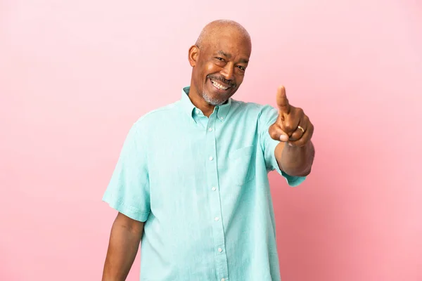 Cuban Senior Isolated Pink Background Pointing Front Happy Expression — Stock Photo, Image