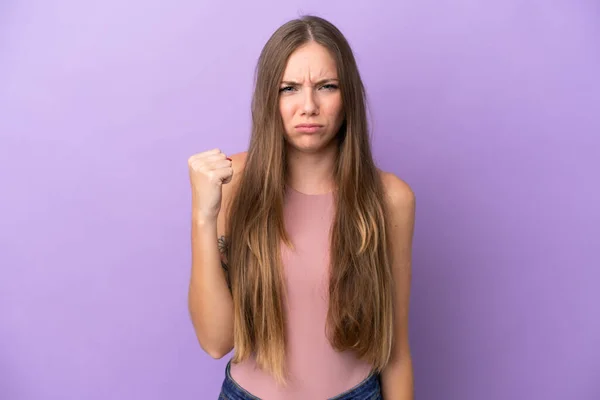 Young Lithuanian Woman Isolated Purple Background Unhappy Expression — Stock Photo, Image