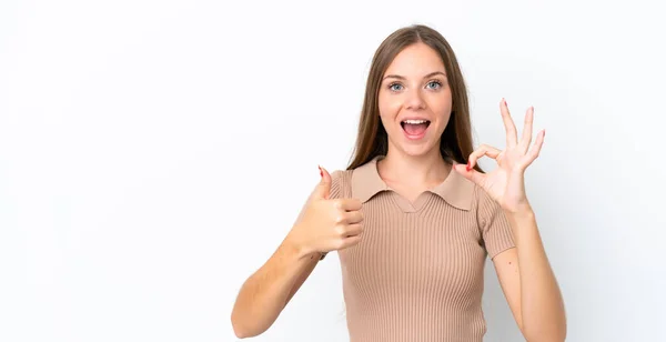 Jovem Lituana Mulher Isolada Fundo Branco Mostrando Sinal Polegar Para — Fotografia de Stock