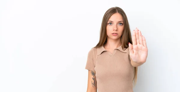 Joven Lituana Aislada Sobre Fondo Blanco Haciendo Stop Gesture —  Fotos de Stock