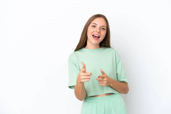 Jonge Litouwse Vrouw Geïsoleerd Witte Achtergrond Wijzen Naar Voorkant Glimlachen — Stockfoto