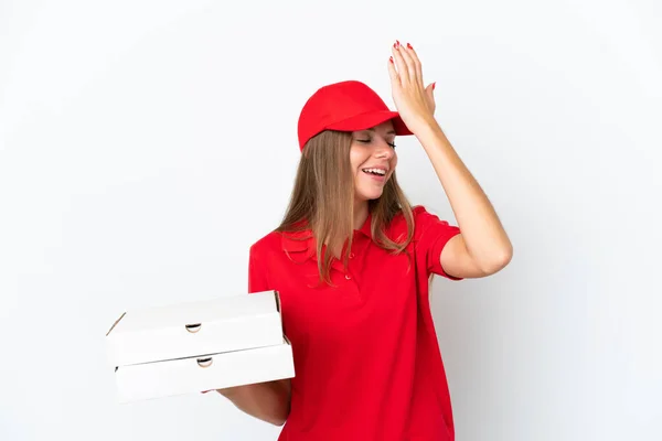 Доставка Пиццы Литовской Женщины Белом Фоне Кое Поняла Намерена Решение — стоковое фото