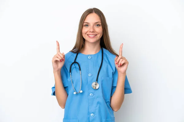 Jeune Chirurgien Médecin Femme Lituanienne Isolée Sur Fond Blanc Pointant — Photo