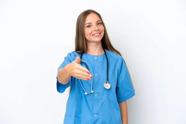 Jonge Chirurg Arts Litouwse Vrouw Geïsoleerd Witte Achtergrond Schudden Handen — Stockfoto