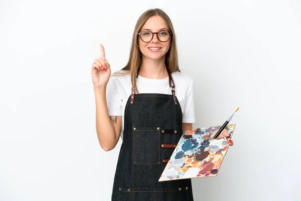 Young Artist Lithuanian Woman Holding Palette Isolated White Background Pointing — Stock Photo, Image