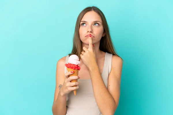Young Lithuanian Woman Cornet Ice Cream Isolated Blue Background Having — Stock Photo, Image