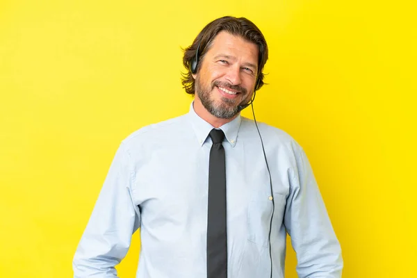 Telemarketer Dutch Man Working Headset Isolated Yellow Background Laughing — Stock Photo, Image