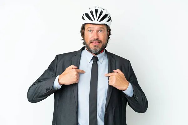Homem Sênior Negócios Com Capacete Bicicleta Isolado Fundo Branco Com — Fotografia de Stock