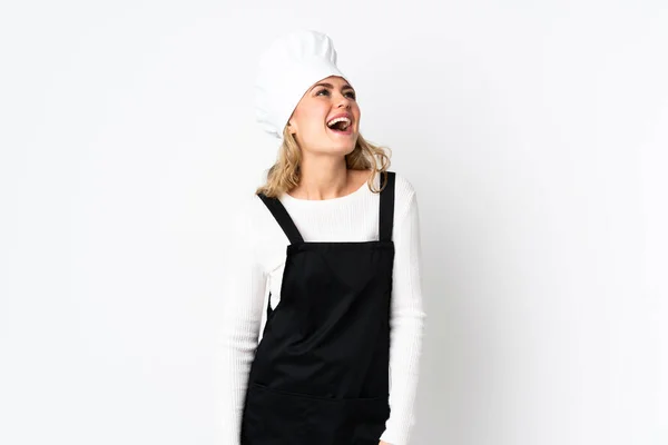 Молода Бразильська Кухарка Ізольована Білому Тлі Сміється — стокове фото