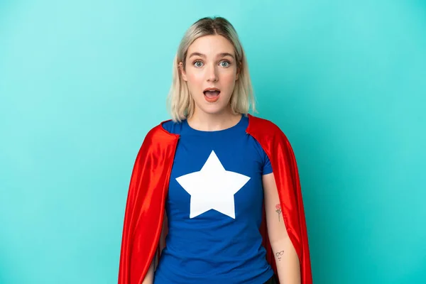 Super Hero Caucasian Woman Isolated Blue Background Surprise Facial Expression — Stock Photo, Image