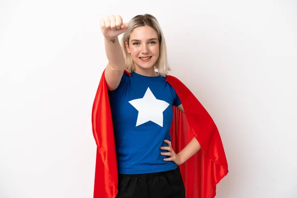 Young Caucasian Woman Isolated White Background Superhero Costume Proud Gesture — Stock Photo, Image