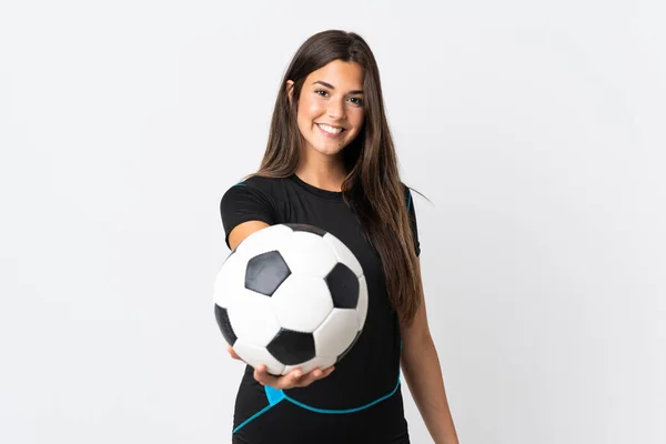 Mujer Brasileña Joven Aislada Sobre Fondo Blanco Con Pelota Fútbol — Foto de Stock