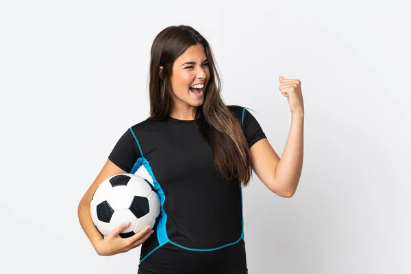 Giovane Donna Brasiliana Isolata Sfondo Bianco Con Pallone Calcio Che — Foto Stock