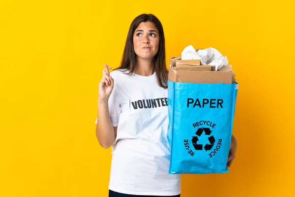 Young Brazilian Girl Holding Recycling Bag Full Paper Recycle Isolated — Stock Photo, Image