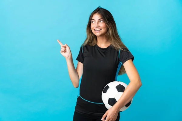 Young Football Player Woman Isolated Blue Background Pointing Finger Side — Stock Photo, Image