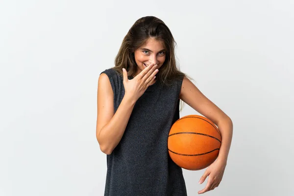 Jeune Femme Jouant Basket Isolé Sur Fond Blanc Bouche Couverture — Photo