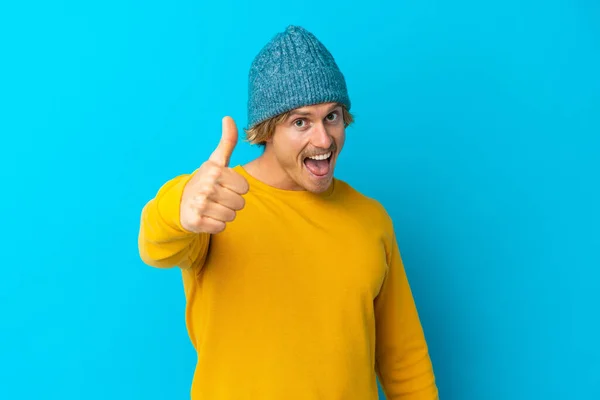 Handsome Blonde Man Isolated Blue Background Thumbs Because Something Good — Stock Photo, Image