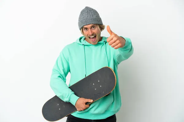 Young Skater Blonde Man Isolated White Background Thumbs Because Something — Stock Photo, Image