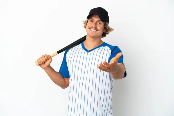 Mladý Blondýnka Muž Hraje Baseball Izolované Bílém Pozadí Třesoucí Ruce — Stock fotografie