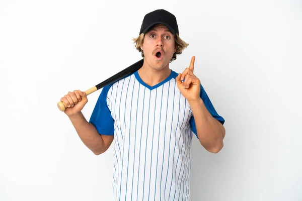 Junger Blonder Mann Spielt Baseball Isoliert Auf Weißem Hintergrund Der — Stockfoto