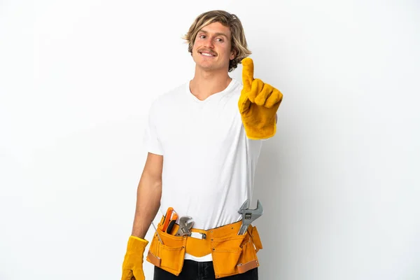 Jovem Eletricista Loira Homem Isolado Fundo Branco Mostrando Levantando Dedo — Fotografia de Stock