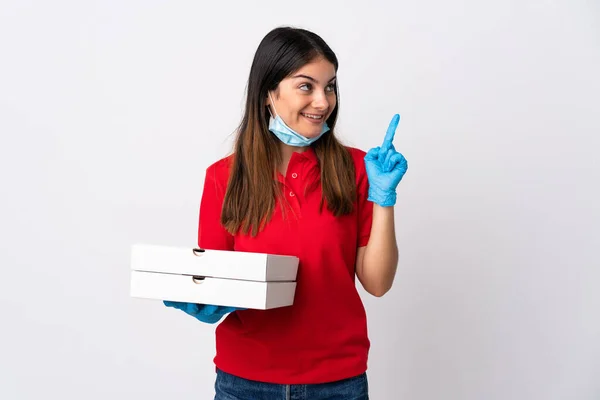 Pizza Levering Vrouw Met Een Pizza Geïsoleerd Witte Achtergrond Van — Stockfoto