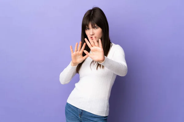 Young Ukrainian Woman Isolated Purple Background Nervous Stretching Hands Front — Stock Photo, Image