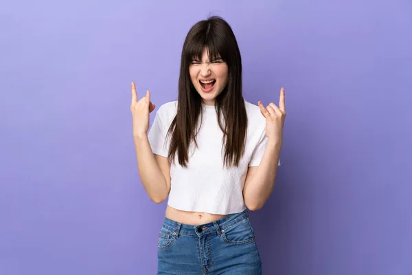 Young Ukrainian Woman Isolated Purple Background Making Horn Gesture — Stock Photo, Image