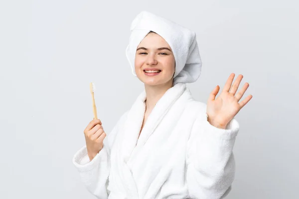 Young Woman Bathrobe Holding Toothbrush Saluting Hand Happy Expression — Stock Photo, Image