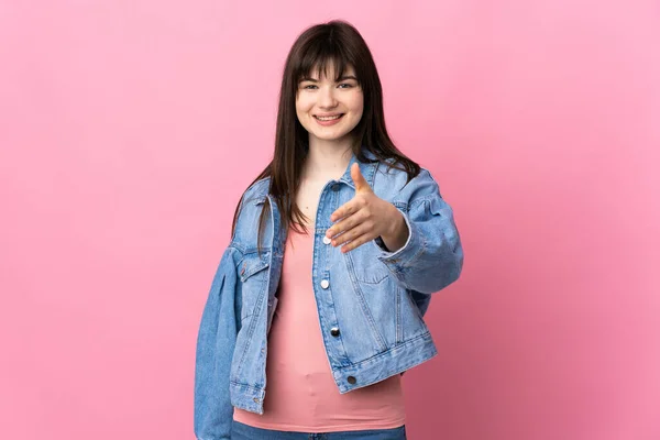 Young Ukrainian Woman Isolated Pink Background Shaking Hands Closing Good — Stock Photo, Image