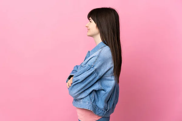 Young Ukrainian Woman Isolated Pink Background Lateral Position — Stock Photo, Image
