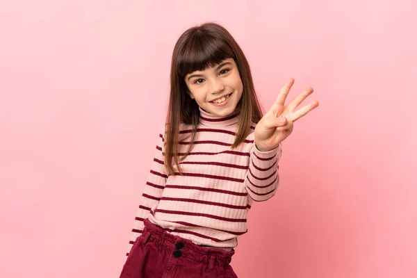 Little Girl Isolated Pink Background Happy Counting Three Fingers — Stock Photo, Image