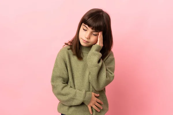 Little Girl Isolated Pink Background Headache — Stock Photo, Image