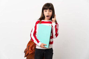 Beyaz arka planda izole edilmiş küçük kız bir fikir düşünüyor.