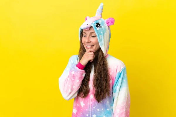 Girl Unicorn Pajamas Isolated Background Looking Side — Stock Photo, Image