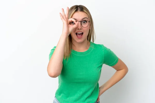 Young Caucasian Woman Isolated White Background Showing Sign Fingers — Stock Photo, Image