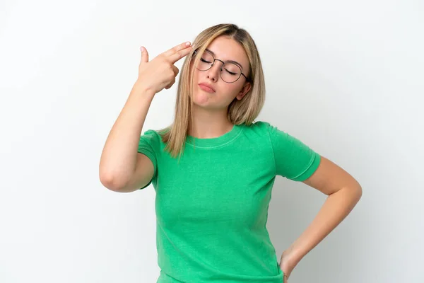 Mujer Caucásica Joven Aislada Sobre Fondo Blanco Con Problemas Para — Foto de Stock