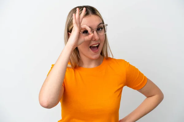Mulher Branca Jovem Isolado Fundo Branco Com Óculos Com Expressão — Fotografia de Stock