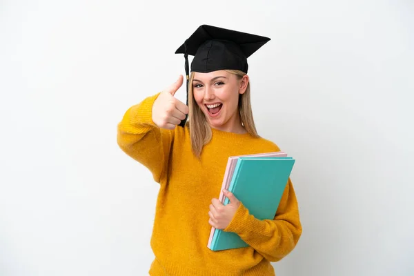 Mladá Studentka Běloška Izolované Bílém Pozadí Palci Nahoru Protože Stalo — Stock fotografie