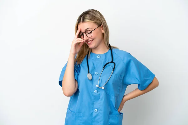 Young Surgeon Doctor Woman Isolated White Background Laughing — 图库照片