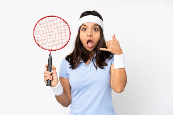 Young Badminton Player Woman Isolated White Background Making Phone Gesture — Stock Photo, Image