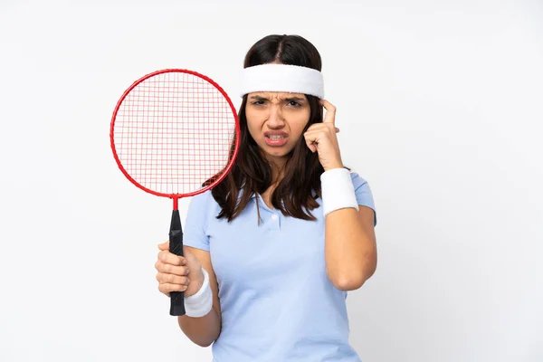Zole Edilmiş Beyaz Arka Planda Genç Badminton Oyuncusu Kadın Hayal — Stok fotoğraf