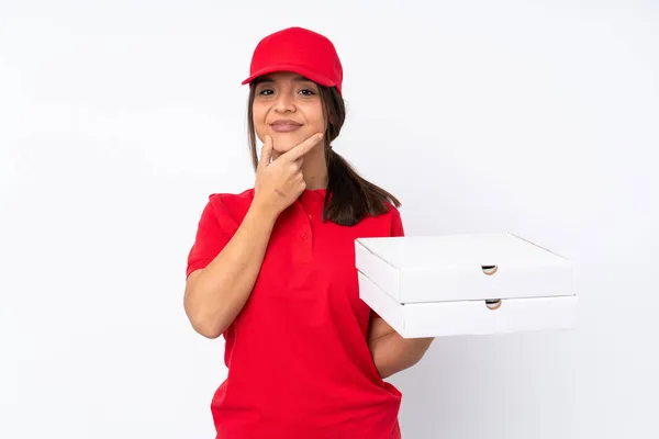 Giovane Pizza Consegna Ragazza Isolato Sfondo Bianco Pensando — Foto Stock