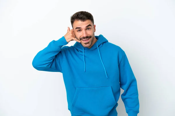 Hombre Caucásico Joven Aislado Sobre Fondo Blanco Haciendo Gesto Teléfono — Foto de Stock