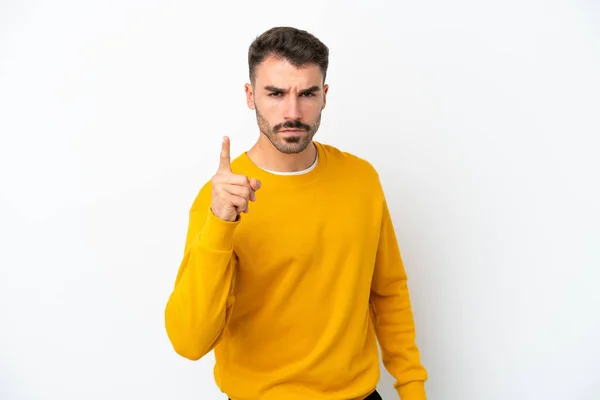 Jonge Blanke Man Geïsoleerd Witte Achtergrond Gefrustreerd Wijzen Naar Het — Stockfoto