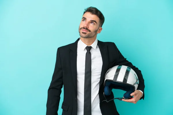 Business Caucasian Man Motorbike Helmet Isolated Blue Background Thinking Idea — Stock Photo, Image
