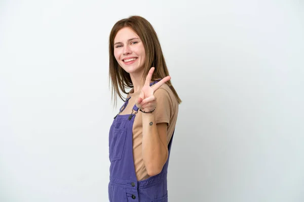 Joven Mujer Inglesa Aislada Sobre Fondo Blanco Sonriendo Mostrando Signo —  Fotos de Stock